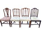 Four antique mahogany dining chairs - two with similar floral tapestry upholstered seats, one with