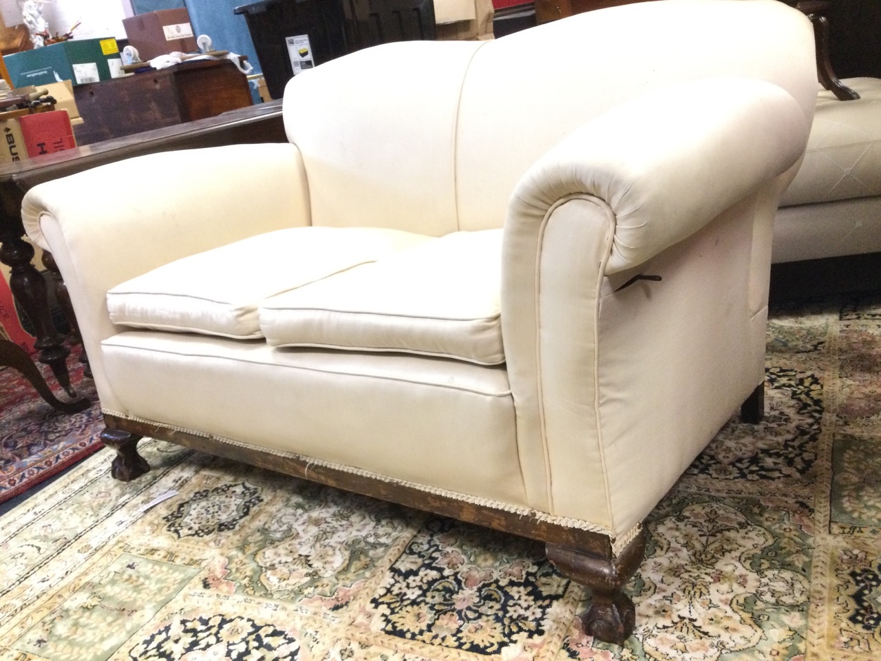 An Edwardian upholstered drop-arm two-seater sofa, with padded back above loose cushions, the sprung - Image 3 of 3