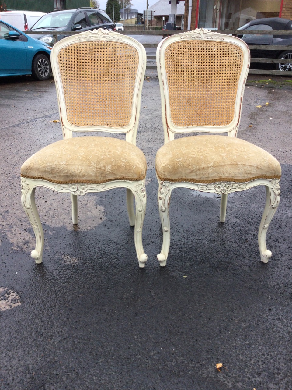 A pair of painted Louis VI style side chairs, the cane backs with floral carving above sprung - Image 2 of 3