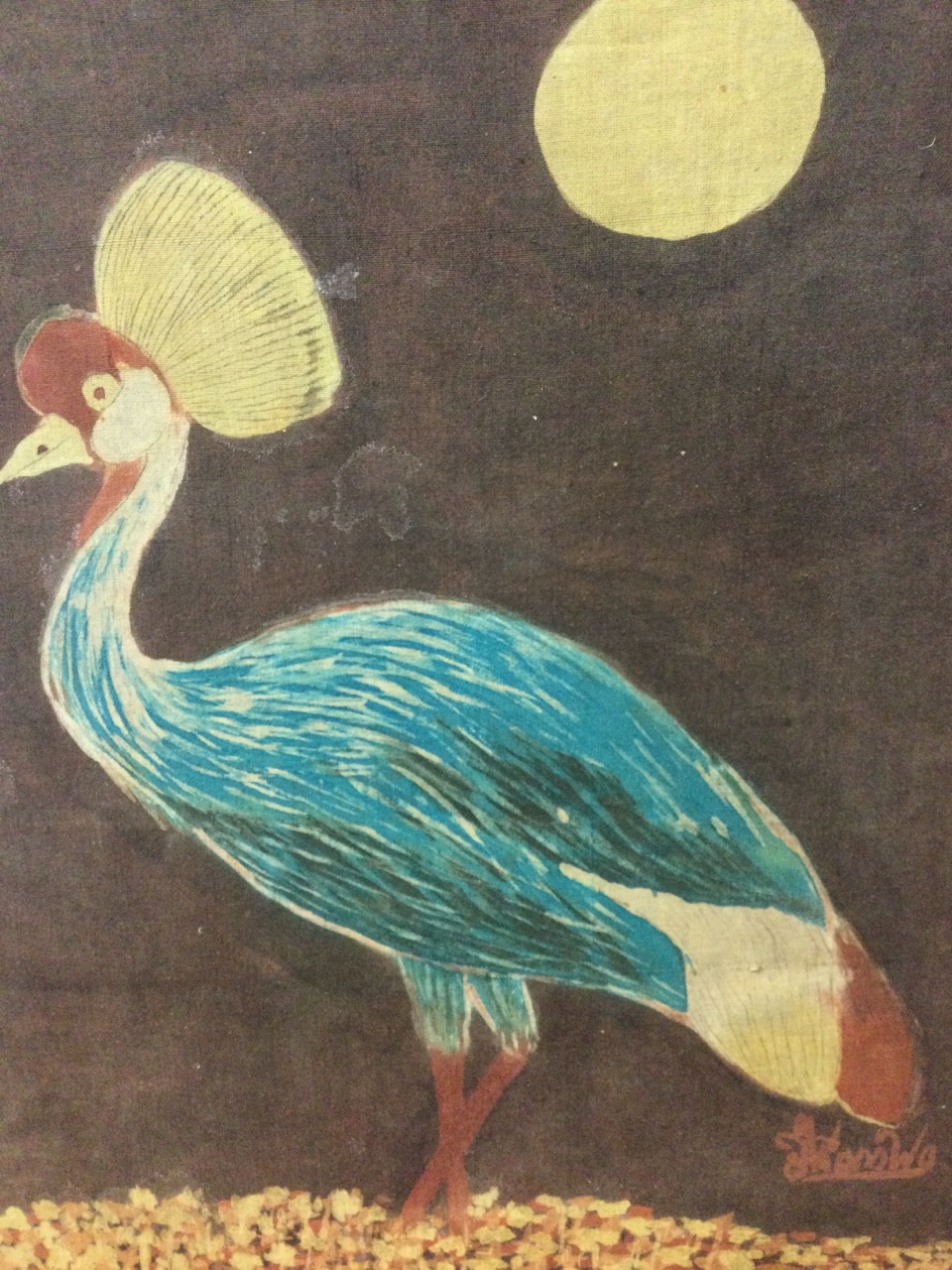 Jhanowo?, batik oil on cotton laid down on board, African crane under moonlight, signed indistinctly - Image 2 of 3