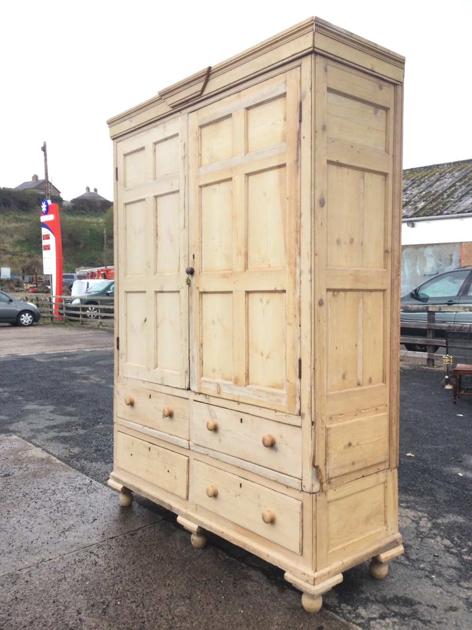 A large Victorian pine housekeepers cupboard, the cornice with applied central moulding above - Image 2 of 3