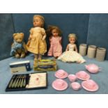 Miscellaneous collectors items including three 60s dolls - one by Roddy, a cased set of cake