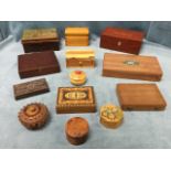 A collection of treen boxes - carved, yew, painted, inlaid, a cigar box, a chess set, dovetailed,