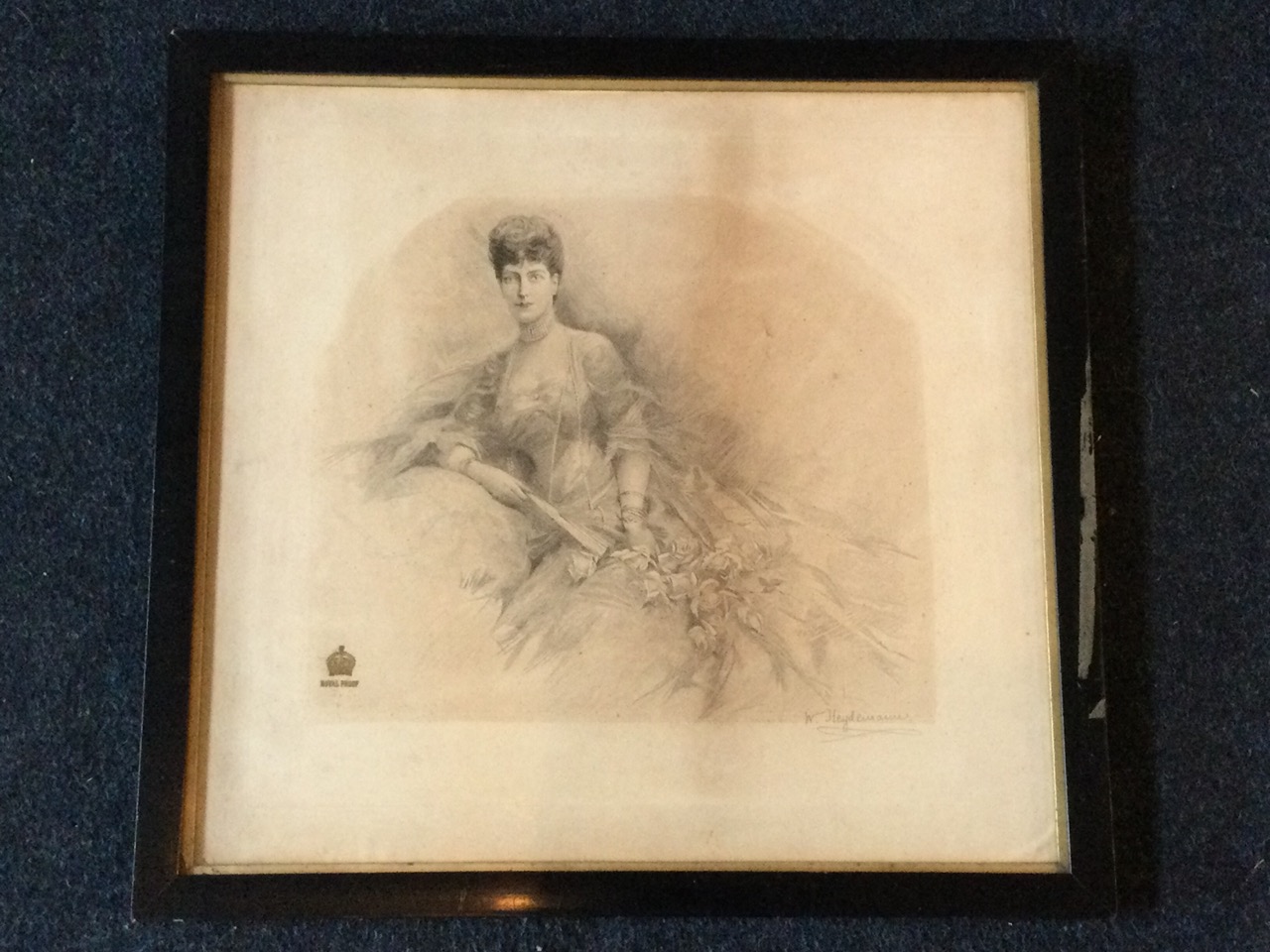 An Edwardian proof etching of Queen Alexandria by W Heydemann, the lady in repose with flowers, with - Image 2 of 3