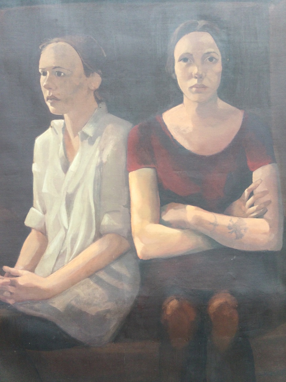 Johanna Logan, oil on canvas, interior scene with two seated girls on wing-back armchair, titled
