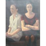 Johanna Logan, oil on canvas, interior scene with two seated girls on wing-back armchair, titled