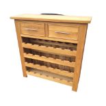 A contemporary oak wine-rack cabinet with rectangular top above a pair of panelled drawers, and