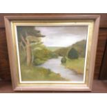 MI Bisset, oil on canvas, river landscape, signed to verso, framed. (15.5in x 13.5in)