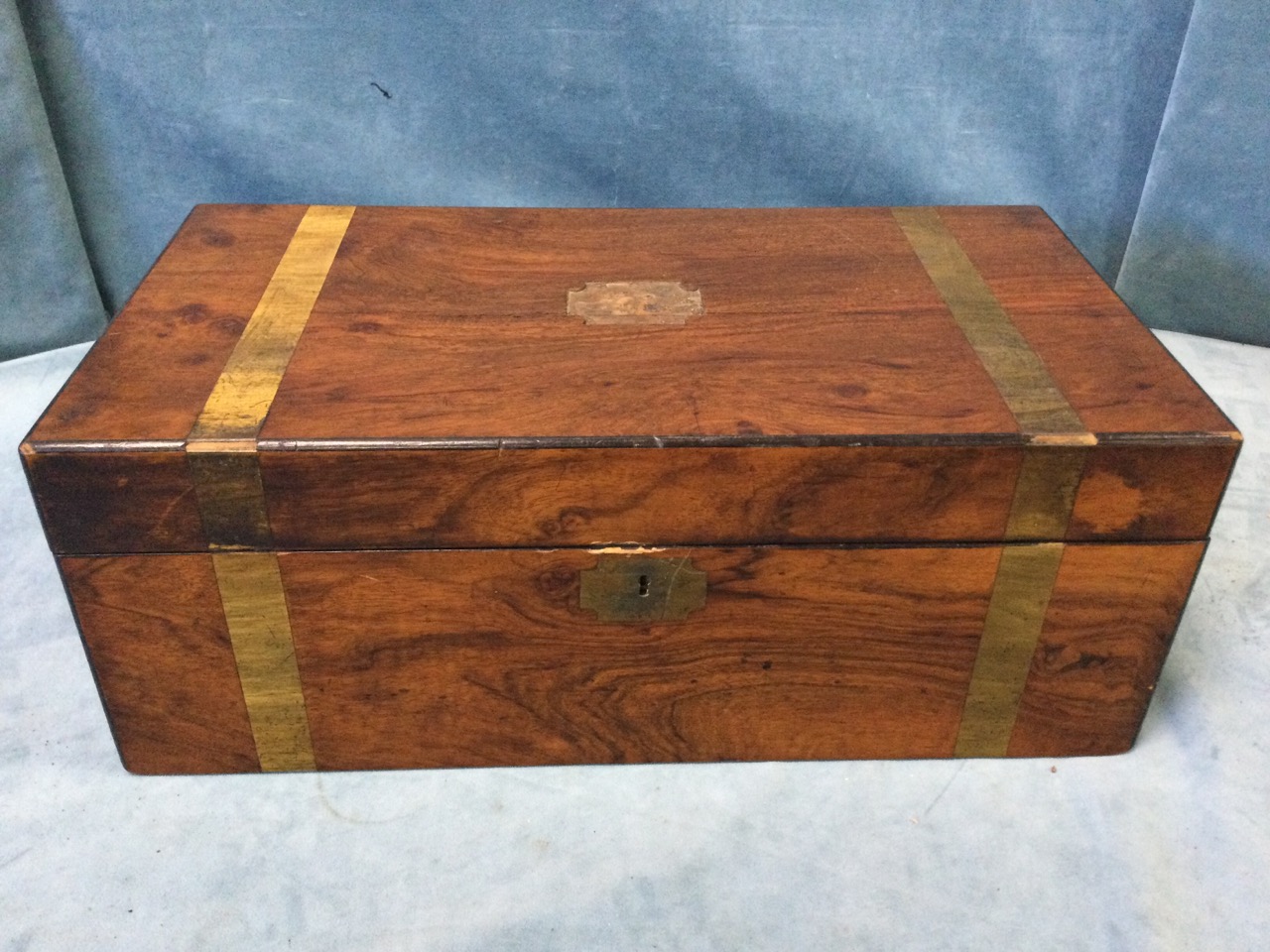 A Victorian walnut writing box with brass banding and escutcheon, having ebonised corner mouldings - - Image 3 of 3