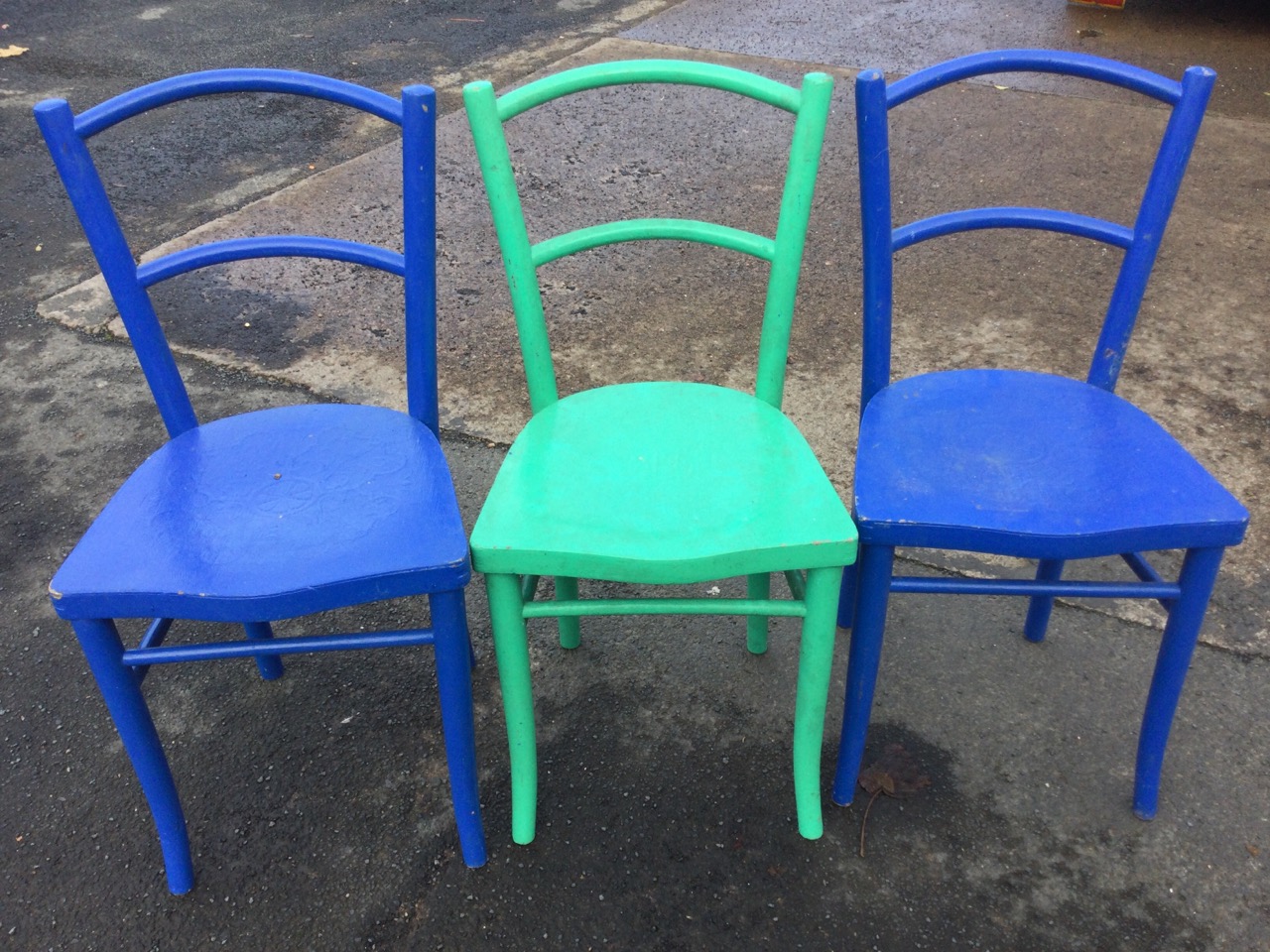 A set of three painted bentwood chairs with bar backs and shaped scrolled press moulded seats, - Image 3 of 3