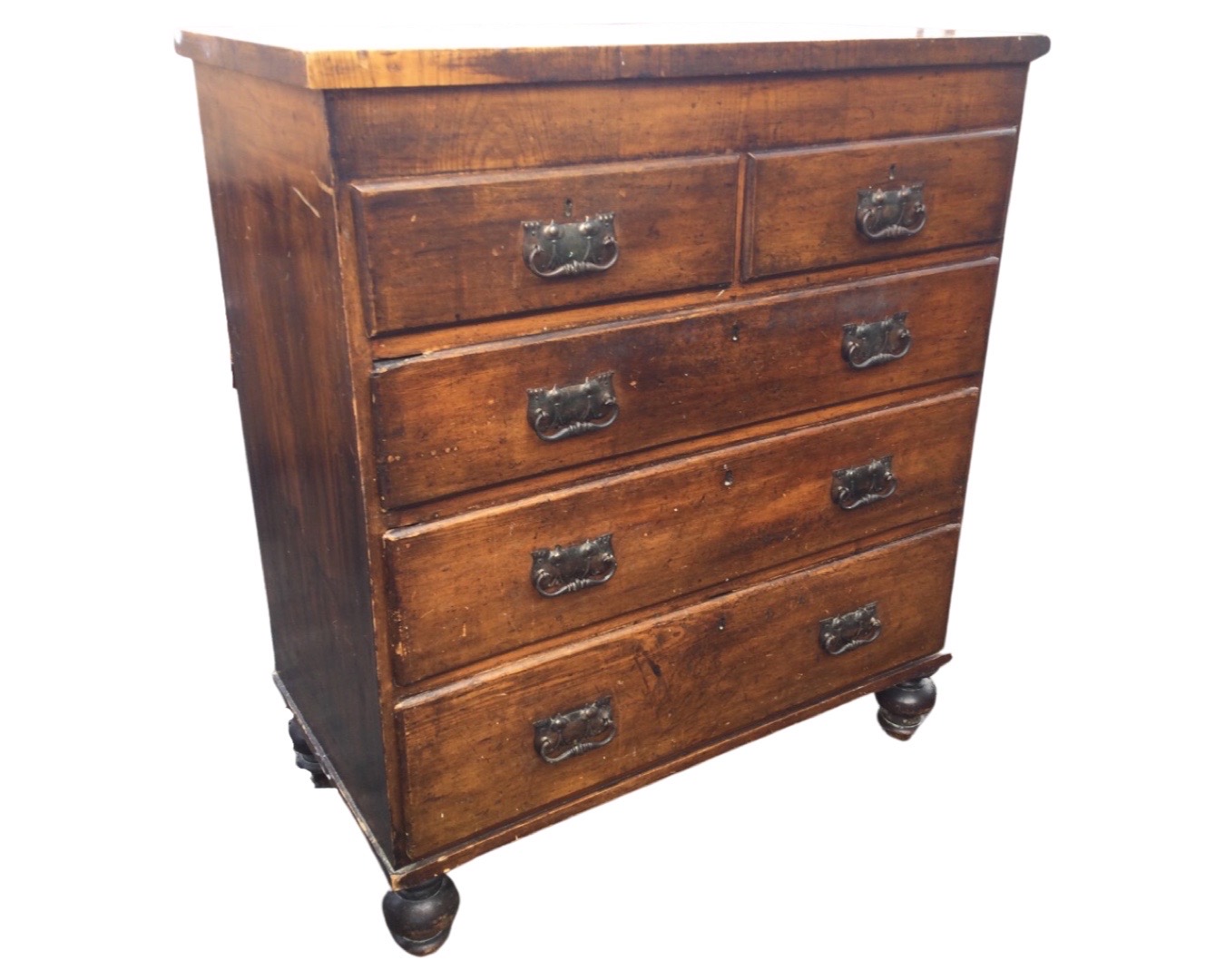 A Victorian stained oak chest of drawers, the rectangular top above two short and three long drawers