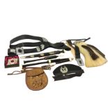 Miscellaneous Scottish regalia including sporrans, belts, brooches/belt buckles, bagpipe chanters, a