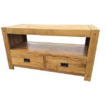A contemporary oak side cabinet of square peg-jointed construction, the open compartment above two