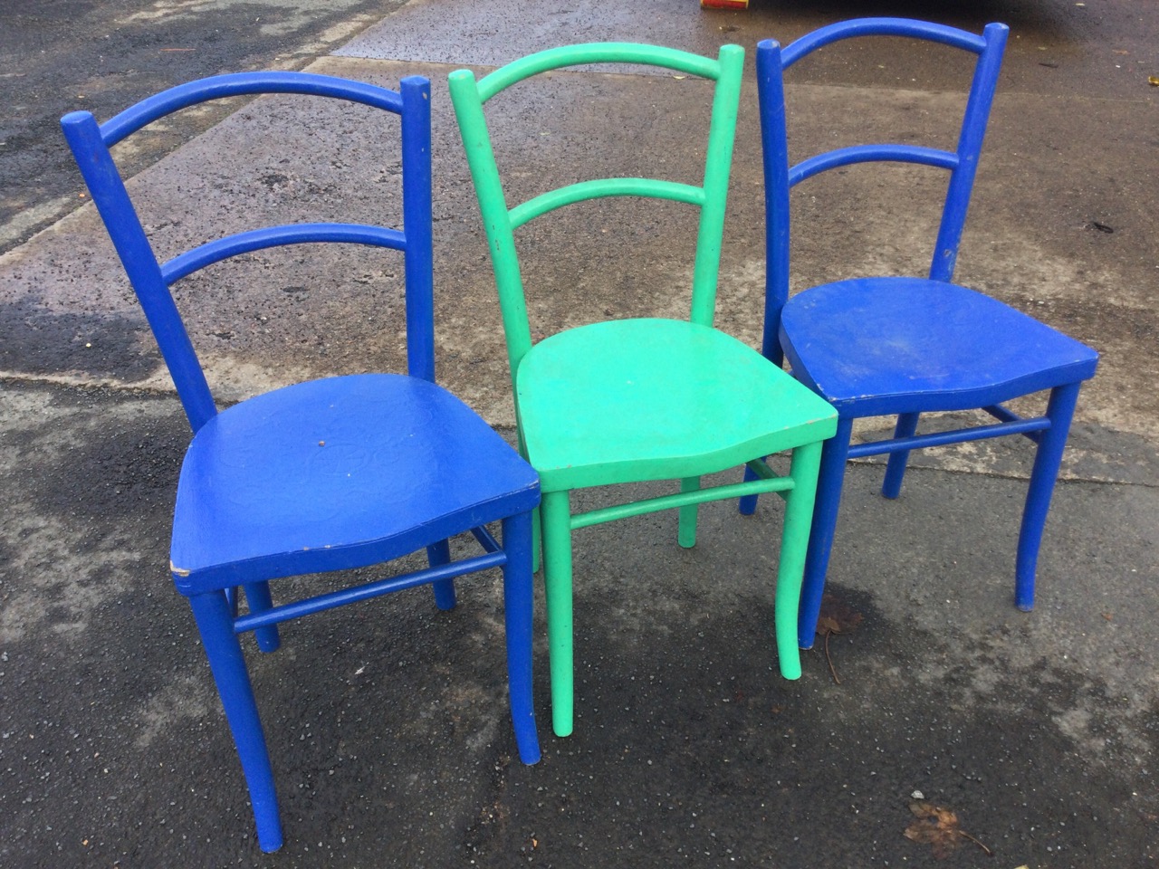 A set of three painted bentwood chairs with bar backs and shaped scrolled press moulded seats, - Image 2 of 3