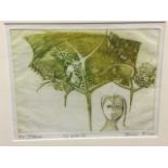 James Burr, coloured etching and aquatint, head beneath foliage, signed and inscribed in pencil on