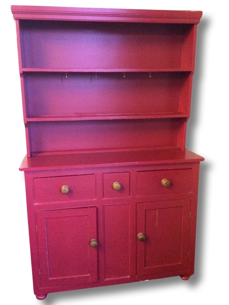 A painted Victorian pine dresser, the later delft rack with moulded cornice above two graduated open