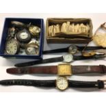 Group wristwatches, silver cased pocket watch, watch glasses and parts