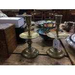 Good pair of 17th century style brass candlesticks with wide drip pans, 20cm high