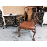 Good quality Georgian style open elbow chair with shaped splat back, drop in seat on carved cabriole