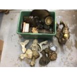 One box of silver plated ware, cast iron bath feet and sundry metalware