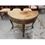 Good quality 1920's Queen Anne revival walnut veneered demi lune card table with foldover top on car