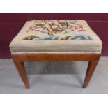 Good quality burr walnut veneered stool with floral tapestry seat on square taper legs