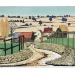 Penny Berry Paterson (1941-2021) colour linocut - 'Farm Fences', signed and numbered 23/30, image 50