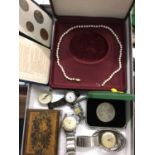 Vintage wristwatches, cultured pearl necklace, coins and parquetry box