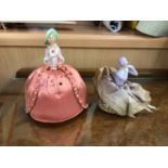 Two 1920s porcelain lady pincushions and decorative ornaments