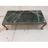 Green marble top brass base coffee table