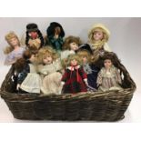 Assorted modern dolls in wicker basket
