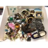 Vintage brooches including Danish silver tigers eye brooch, silver thimble in case, etc