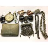 Two watch chains, German mesh purse, one other plated purse, buckles, pocket watch and sundries