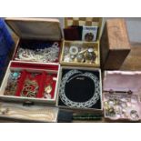 Vintage costume jewellery, bijouterie, two Conway Stewart pens, Churchill cigar box and sundries