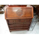 Oriental hardwood bureau with two short and three long drawers below, 91cm wide, 43cm deep, 107cm hi