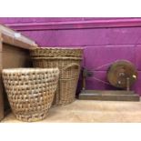Wooden spinning wheel, wicker laundry basket, woven bin and woven sewing boxes