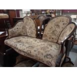 Good quality mahogany framed salon suite with floral tapestry upholstery, comprising two seater sofa