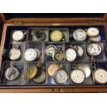 Collection of vintage pocket watches and parts in oak case