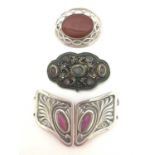 Silver and agate brooch with pierced Celtic-style design, together with a silver-plated art nouveau