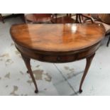 Good quality walnut demi lune card table with foldover top, single drawer below on slender legs, 94c