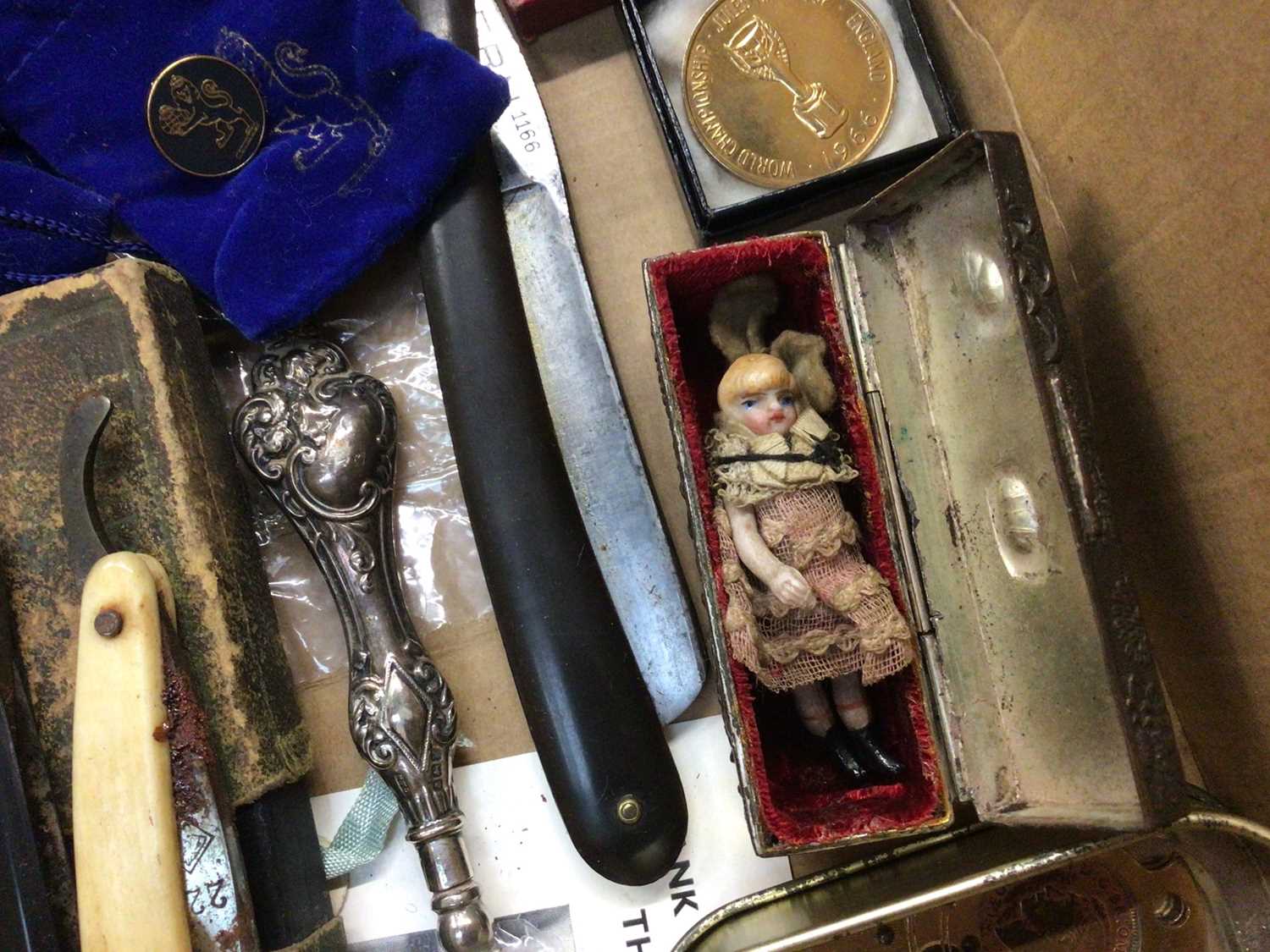 Two trench art lighters, cut throat razors, medals, Victorian miniature china doll and sundries - Image 3 of 3