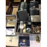 Gold 2005 Nelson coin, group gentlemen's wristwatches, hipflasks, plated cigarette case, pens and cu