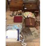 Sundry items, to include Victorian writing slope and sewing box, binoculars, ephemera,