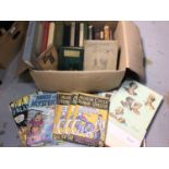 Box antique and later books, collection 1960s Cunard menus, 1930s Motorcycle magazines etc