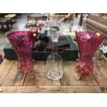 Pair of Venetian/Murano cranberry glass vases with gold aventurine lions mask prunts, together with