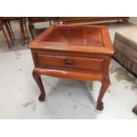 Oriental hardwood side table with single drawer, 56cm wide, 56cm high