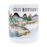 Chinese porcelain brush pot, polychrome painted with landscape scenes and calligraphy