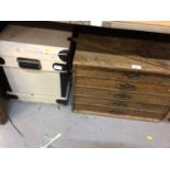 Five drawer wooden chest with vintage Meccano parts, plus wooden chest