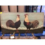 Folk art oil on board painting of chickens together with two pastel works of chickens by Lynette Sin