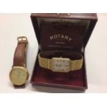 Rotary gold plated wristwatch in box and Seiko watch on brown leather strap (2)